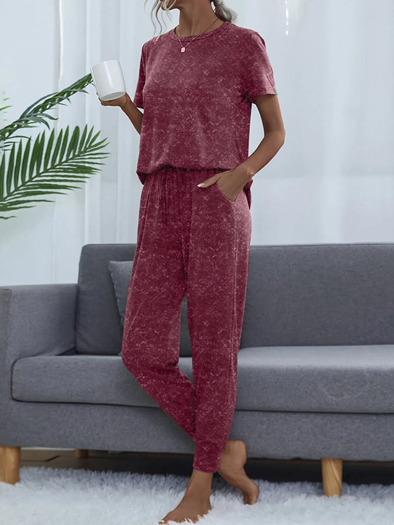 Round Neck Short Sleeve Top and Pants Lounge Set OutfitFlow