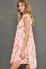 Umgee Full Size Two Tone Printed Ruffled Cap Sleeve Mini Dress Plus Size OutfitFlow