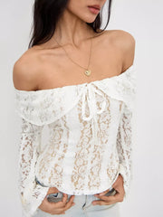 Off-Shoulder Lace Top with Bell Sleeves OutfitFlow