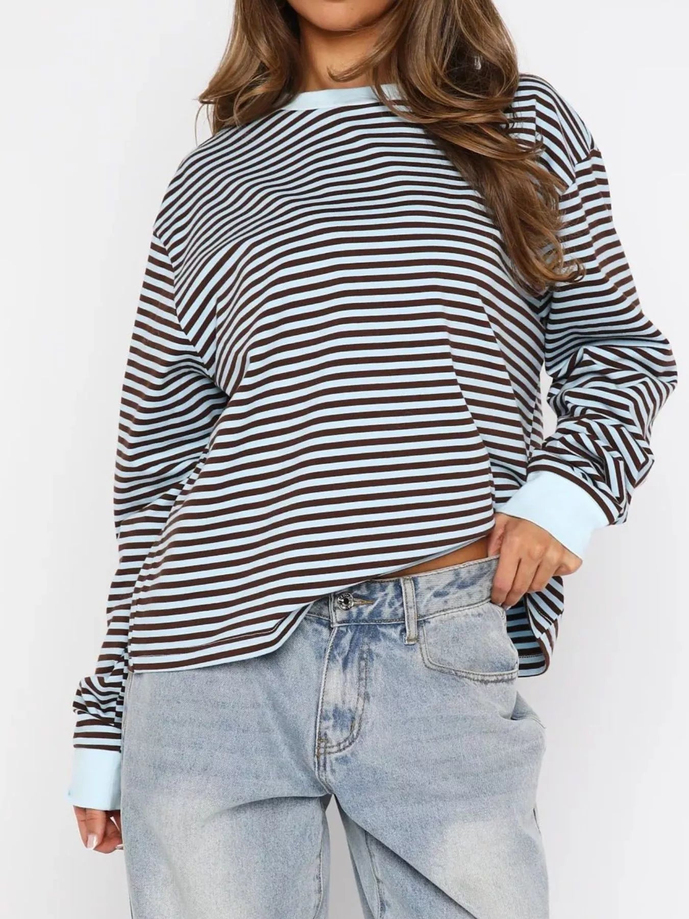 Striped Oversized Round Neck Sweatshirt Light Blue OutfitFlow