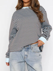 Striped Oversized Round Neck Sweatshirt Light Blue OutfitFlow