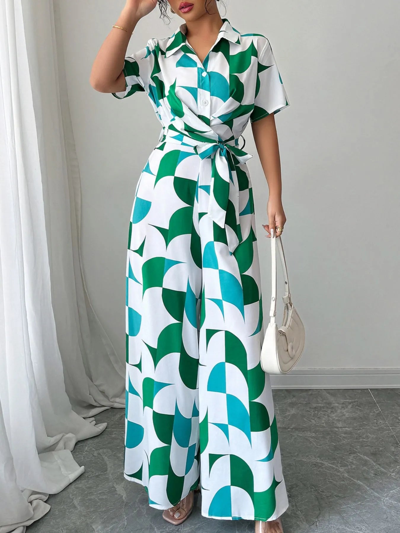 Printed Wide Leg Belted Jumpsuit OutfitFlow