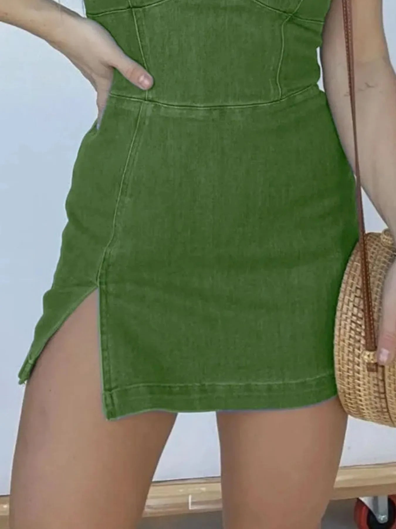 Full Size Slit Square Neck Denim Dress Plus Size OutfitFlow