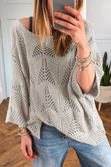 Openwork Round Neck Knit Top Gray OutfitFlow