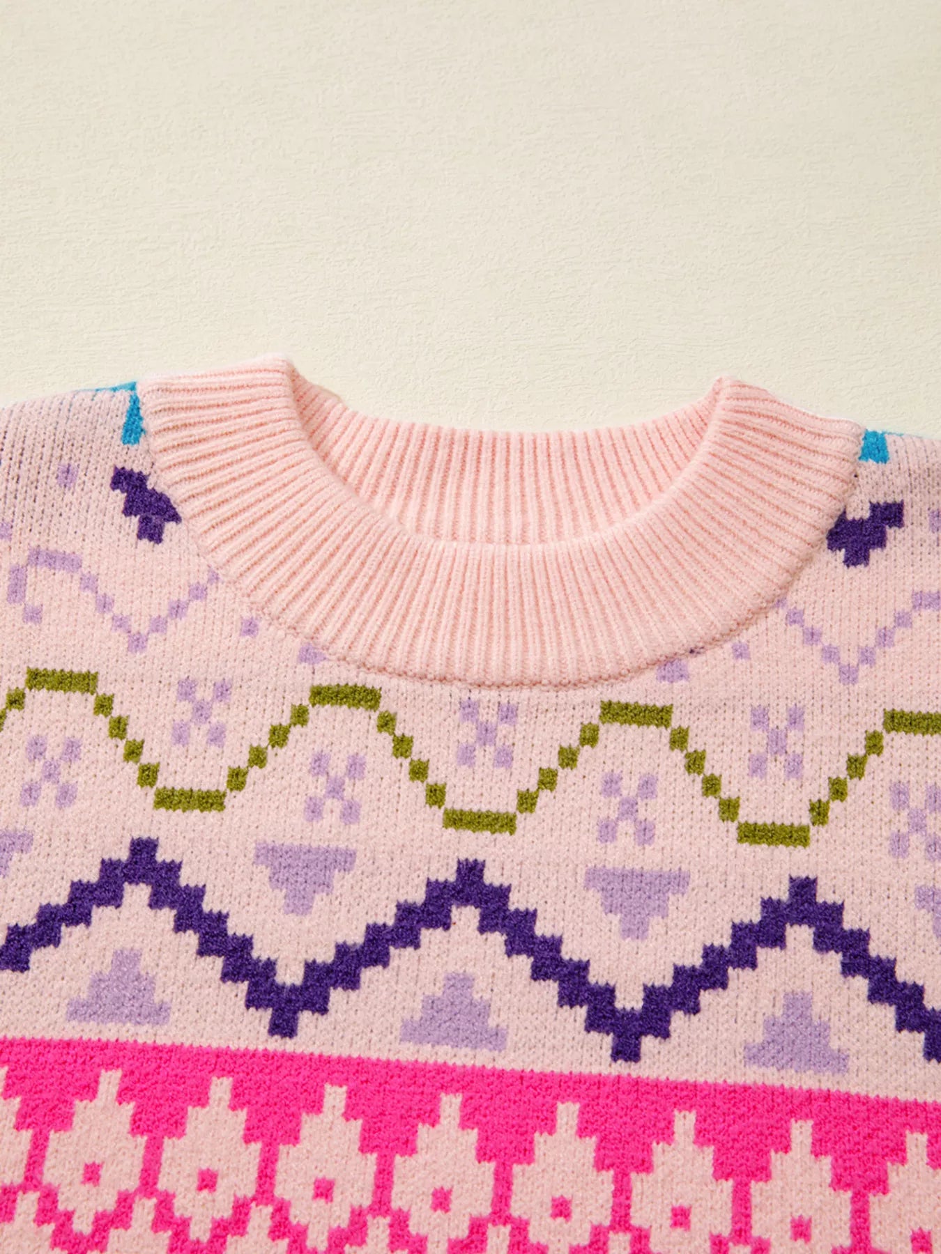 Multicolour Ethnic Christmas Pattern Knit Feather Cuffed Sweater OutfitFlow