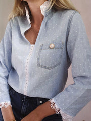 Lace Trim Patchwork Dotted Print Collared Blouse Light Blue OutfitFlow