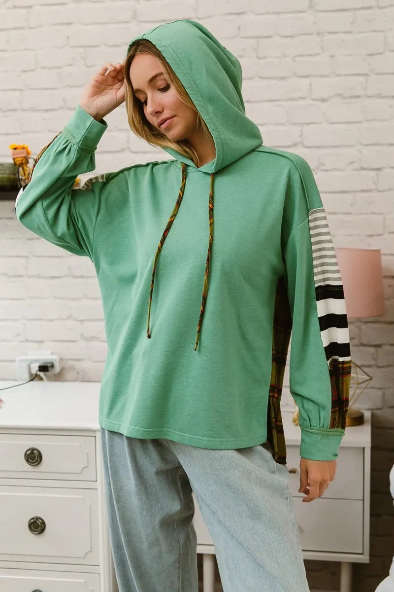 BiBi Plaid With Stripes Mix Match French Terry Hoodie OutfitFlow