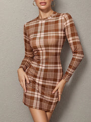 Long Sleeve Plaid Bodycon Mini Dress OutfitFlow