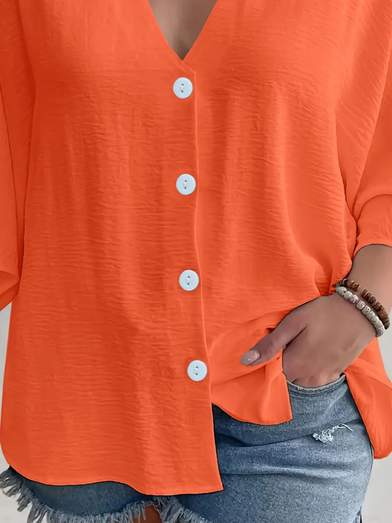 Full Size Casual V-Neck Button Down Relaxed Fit Blouse Plus Size OutfitFlow