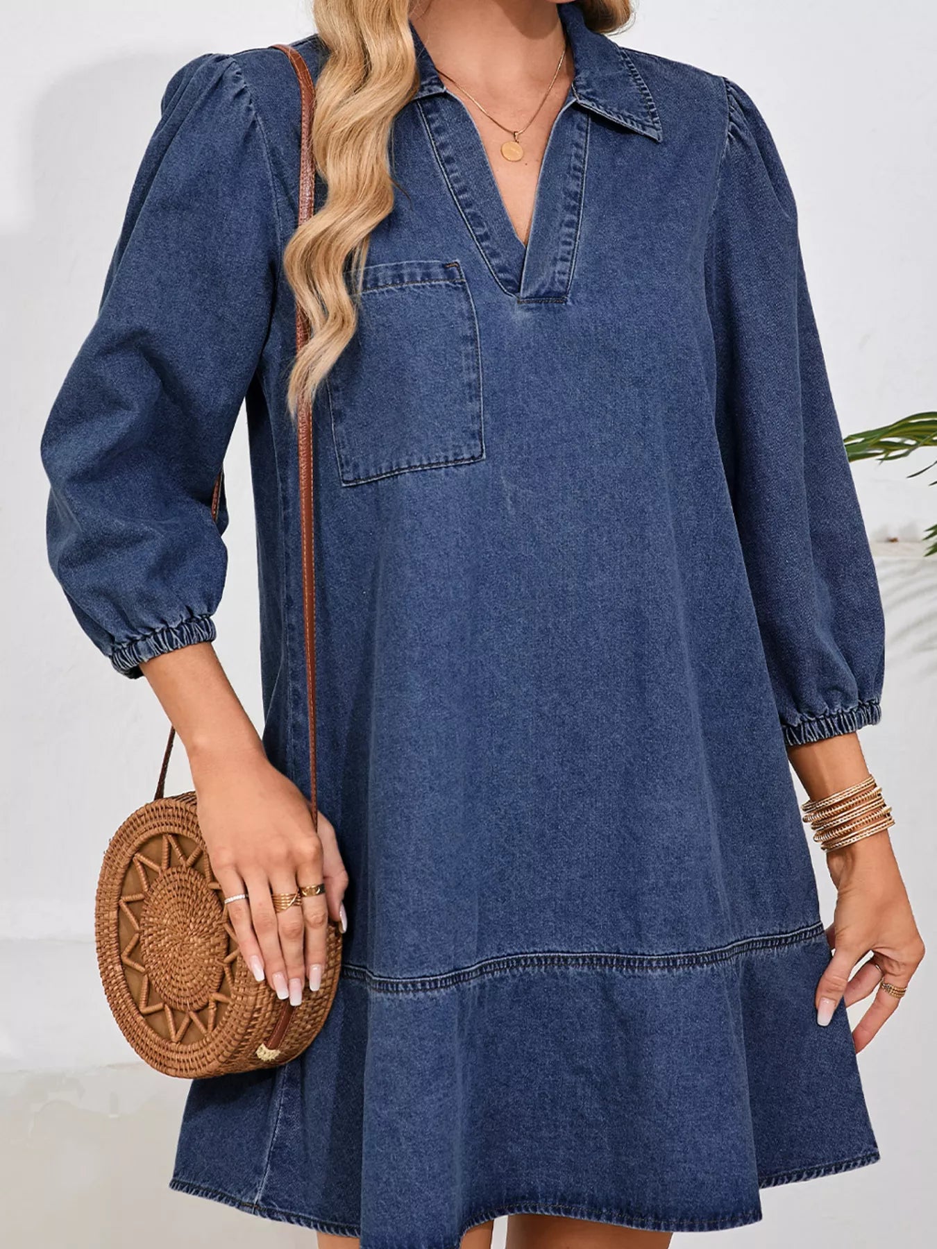 V Neck Collared Single Chest Pocket Long Sleeve Denim Dress OutfitFlow