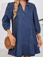 V Neck Collared Single Chest Pocket Long Sleeve Denim Dress OutfitFlow