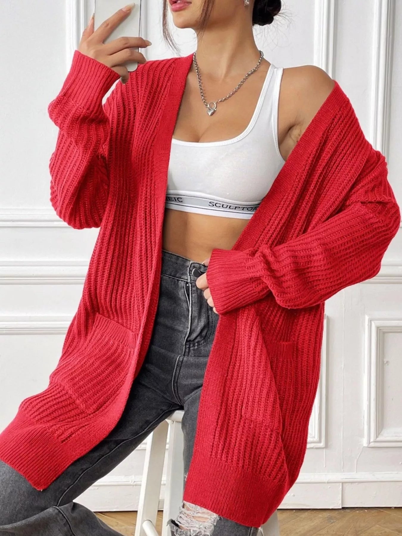 Open Front Drop Shoulder Cardigan Red One Size OutfitFlow