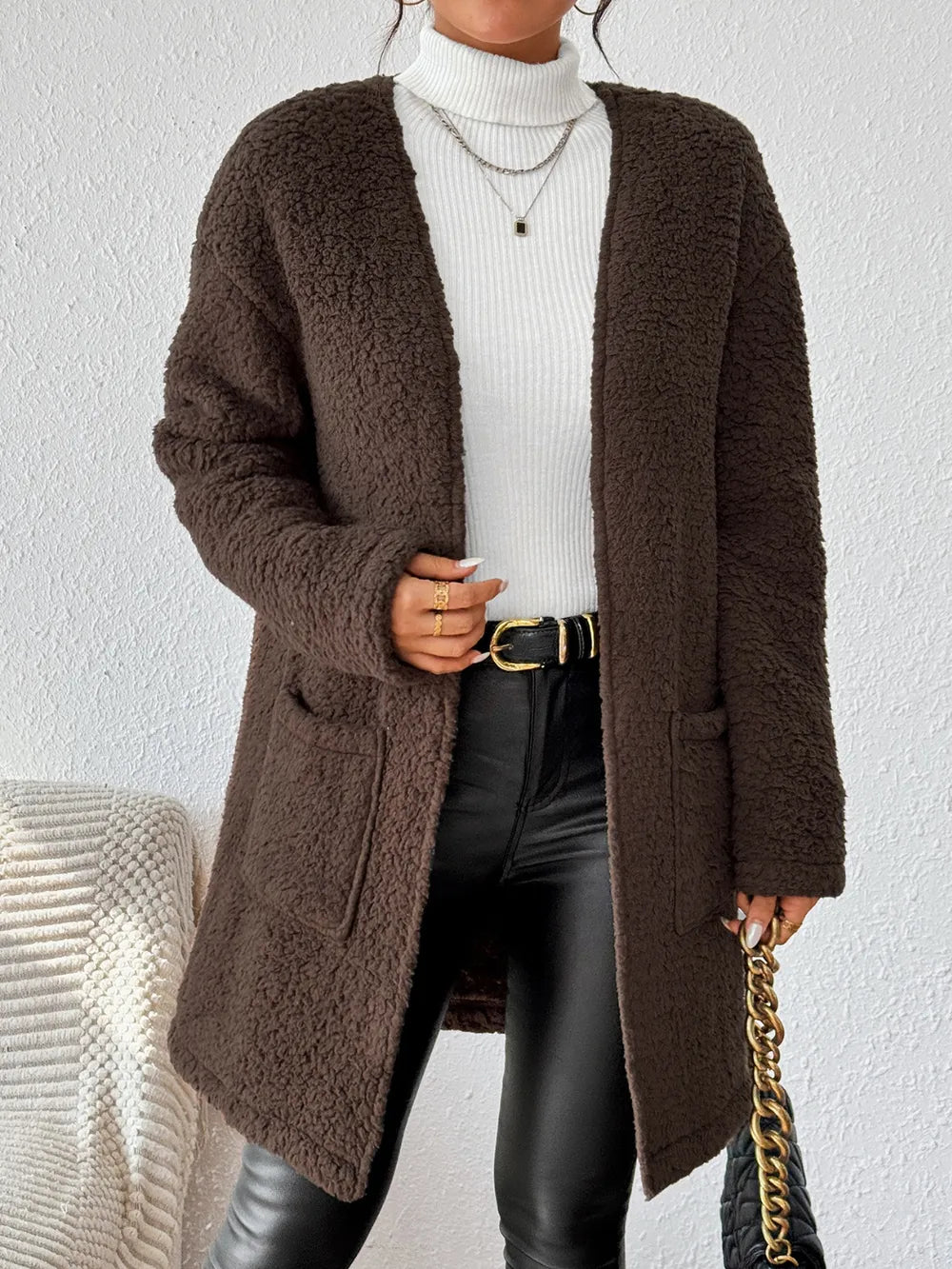 Open Front Long Sleeve Winter Coat Chocolate OutfitFlow