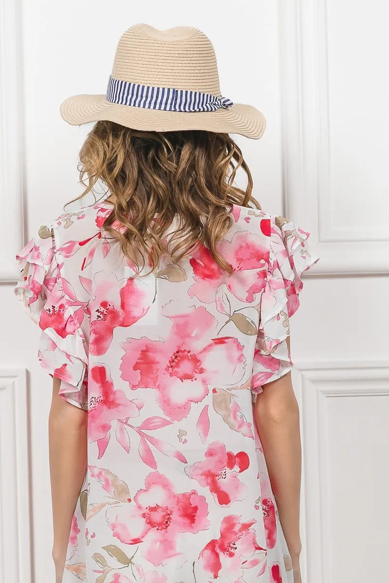 BiBi Floral Print Flutter Sheer Top OutfitFlow