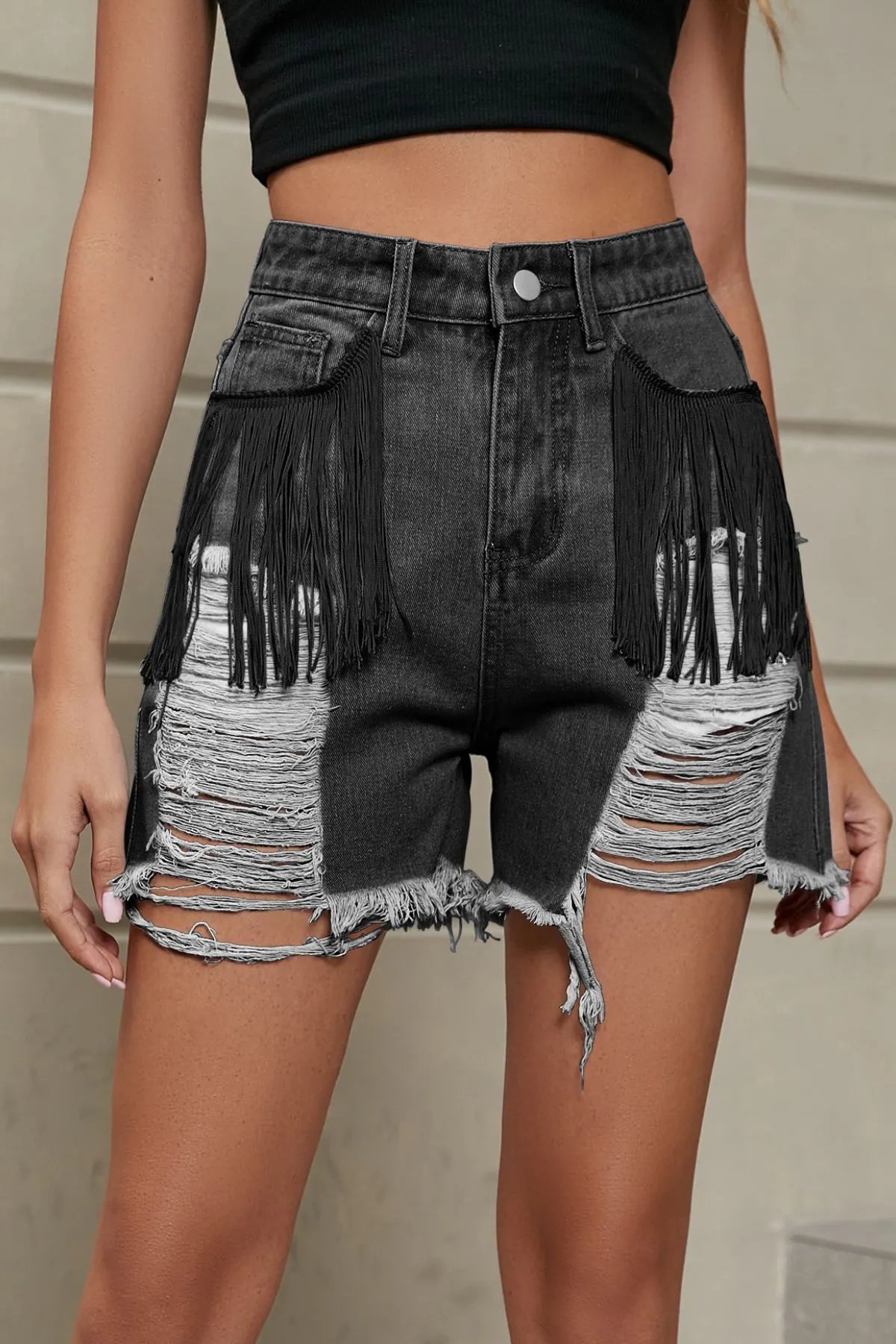 Distressed Fringe Denim Shorts Black & Gray OutfitFlow