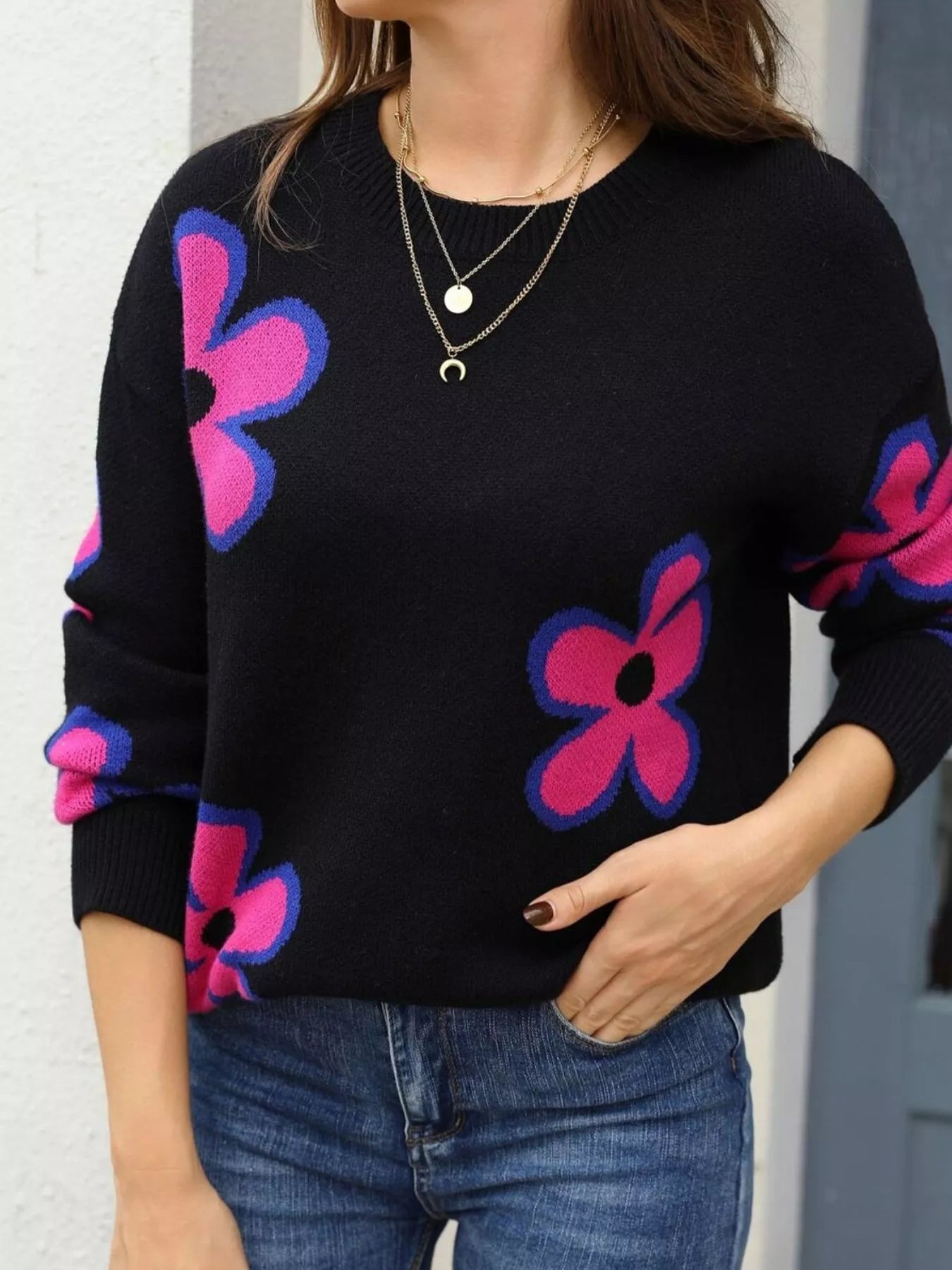 Floral Crew Neck Sweater Trendsi