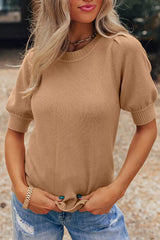 Knit Short Puff Sleeve Sweater Camel OutfitFlow