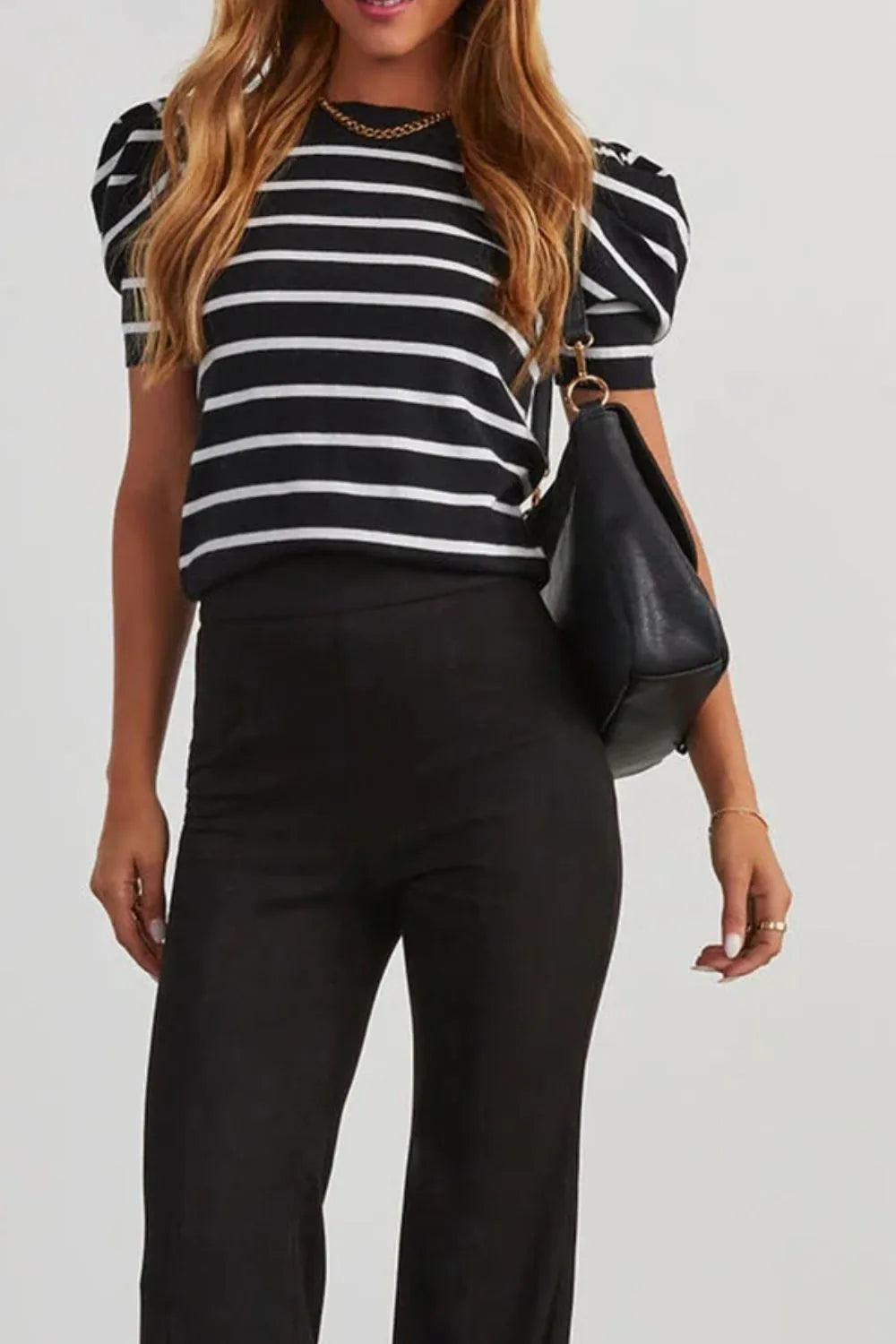 Stripe Ribbed Trim Round Neck Bubble Sleeve Knitted Top OutfitFlow