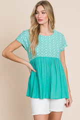 Lime 'N' Chili Full Size Embroidered Short Sleeve Pleated Babydoll Top Plus Size OutfitFlow