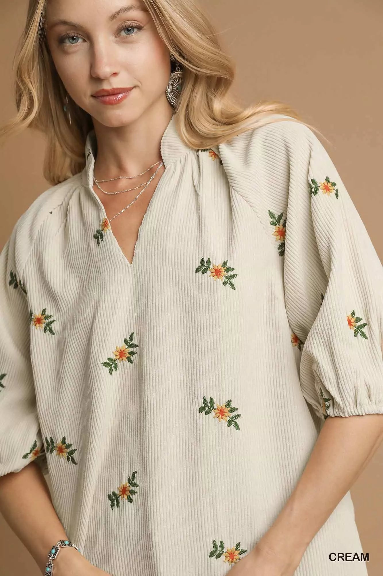 Umgee Corduroy Floral Embroidered Puff Sleeve Blouse Trendsi