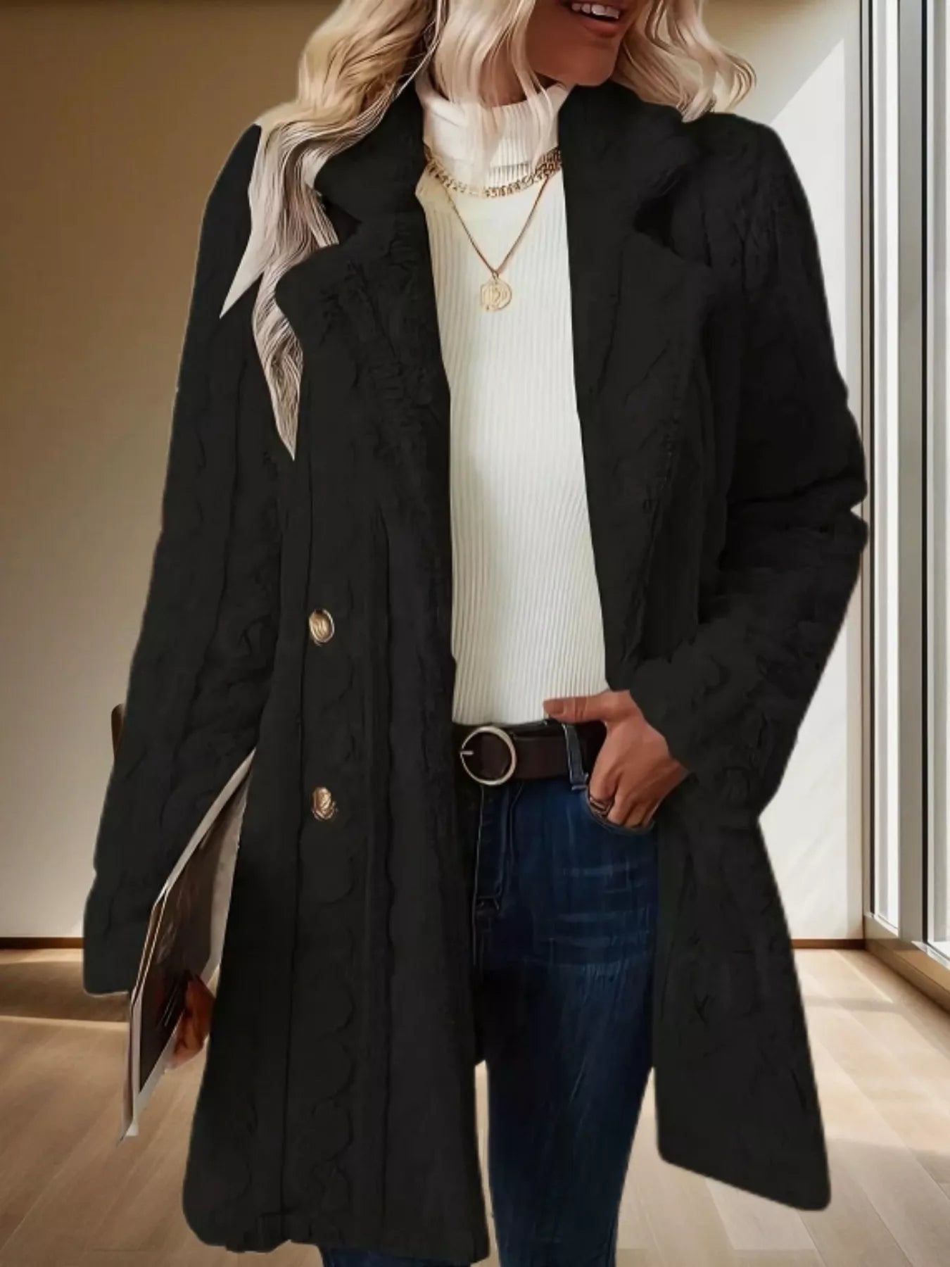 Double-Breasted Fleece Longline Coat OutfitFlow