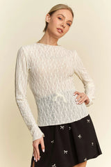 Davi & Dani Long Sleeve Sheer Small Embroidered Bows Lace Top OutfitFlow