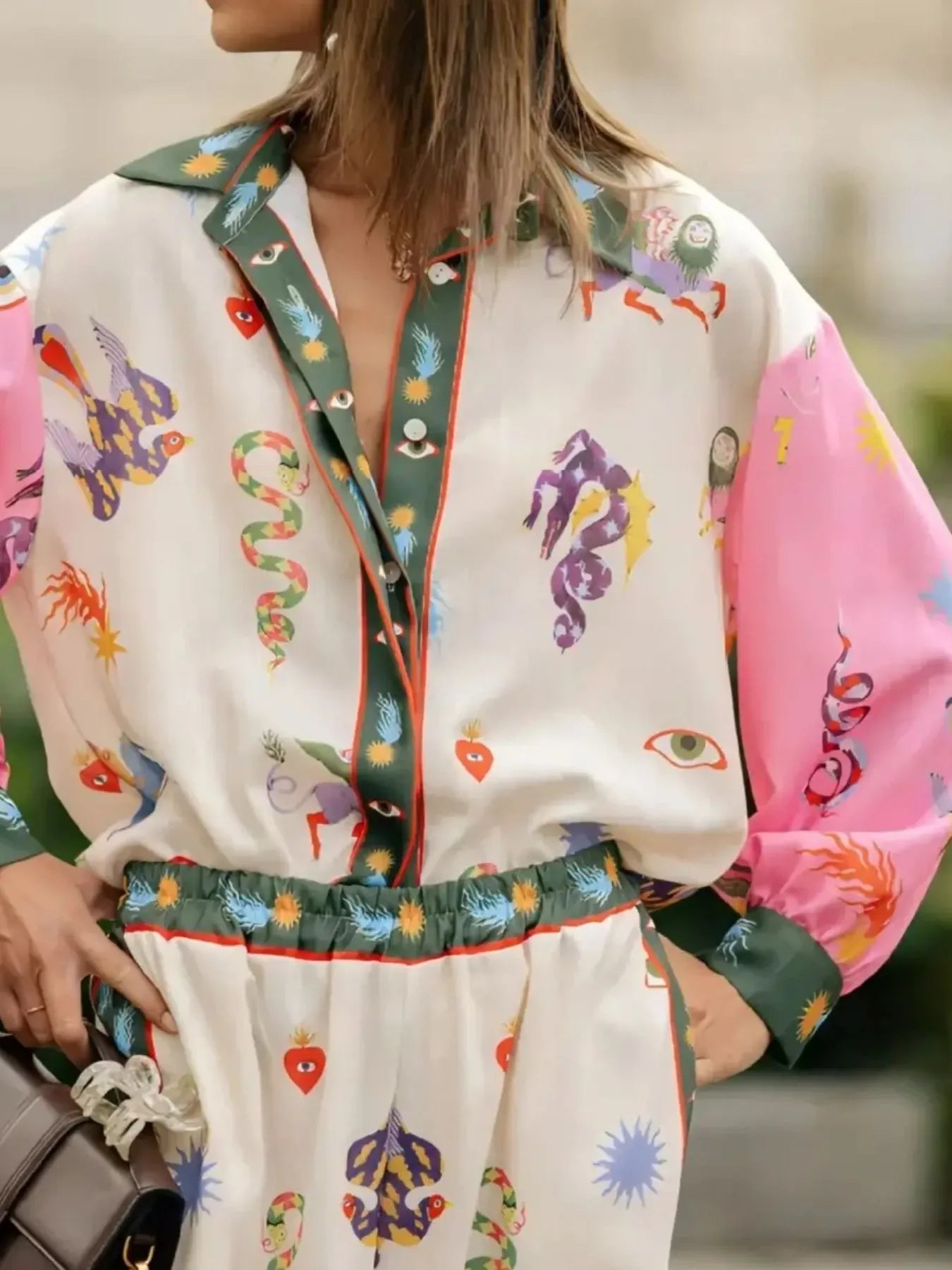Printed Button Up Shirt and Pants Set OutfitFlow