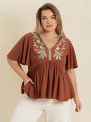 Plus Size Embroidered V-Neck Flutter Sleeve Blouse OutfitFlow