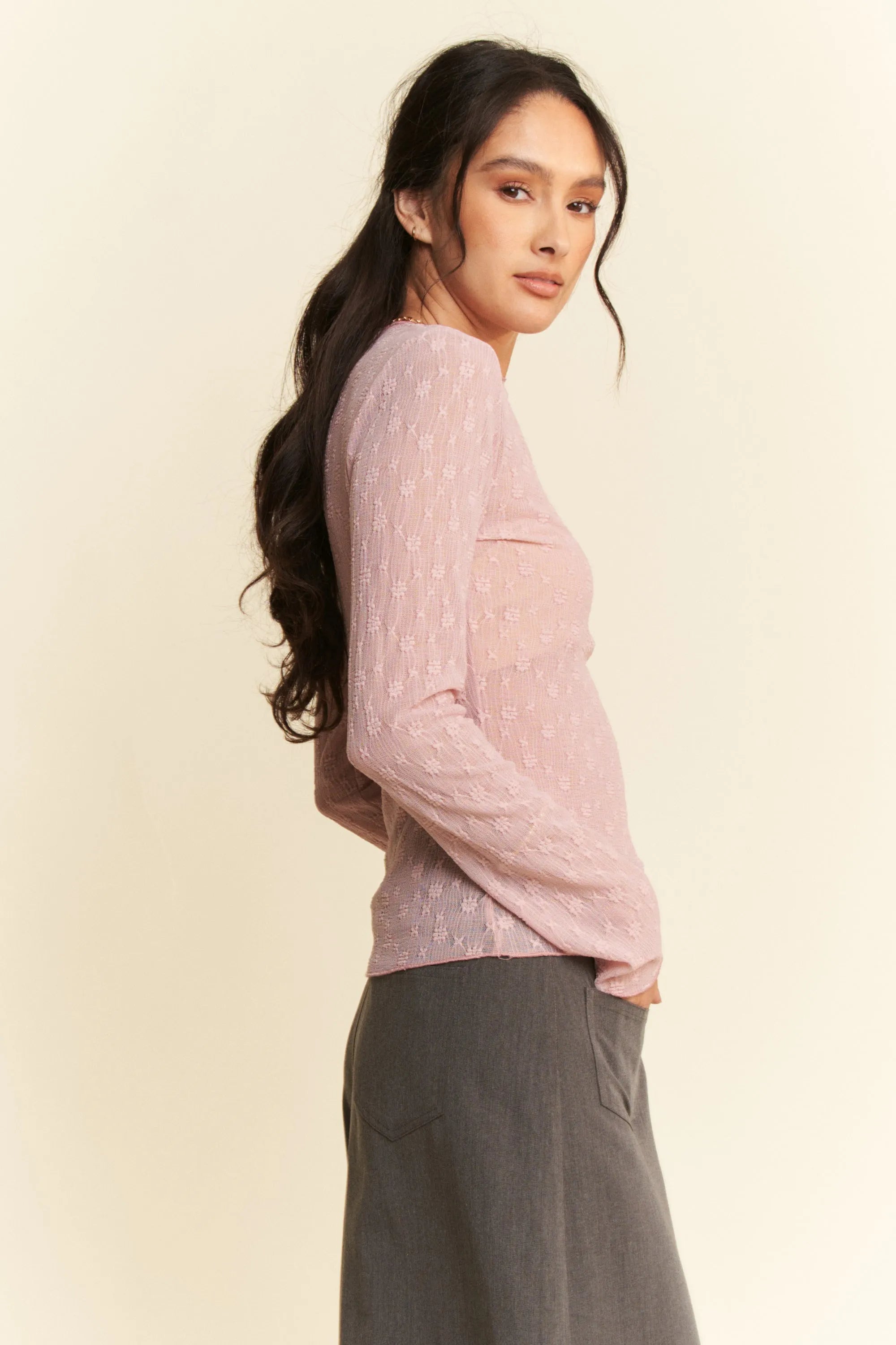 Davi & Dani Long Sleeve Sheer Small Embroidered Bows Lace Top OutfitFlow