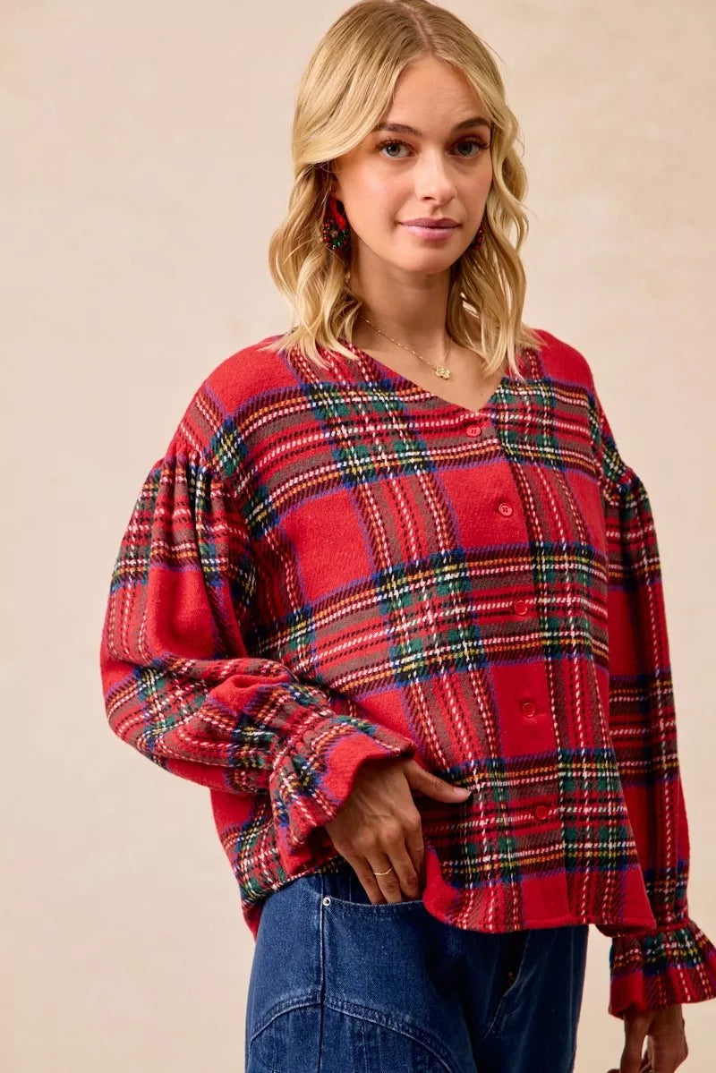 BiBi Christmas Plaid V-Neck Flounce Sleeve Jacket Trendsi