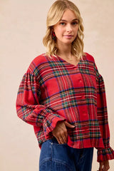 BiBi Christmas Plaid V-Neck Flounce Sleeve Jacket Trendsi