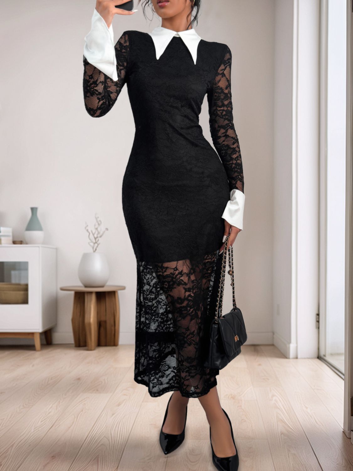 Outfit Flow - Perfee Lace Contrast Collared Neck Long Sleeve Midi Dress