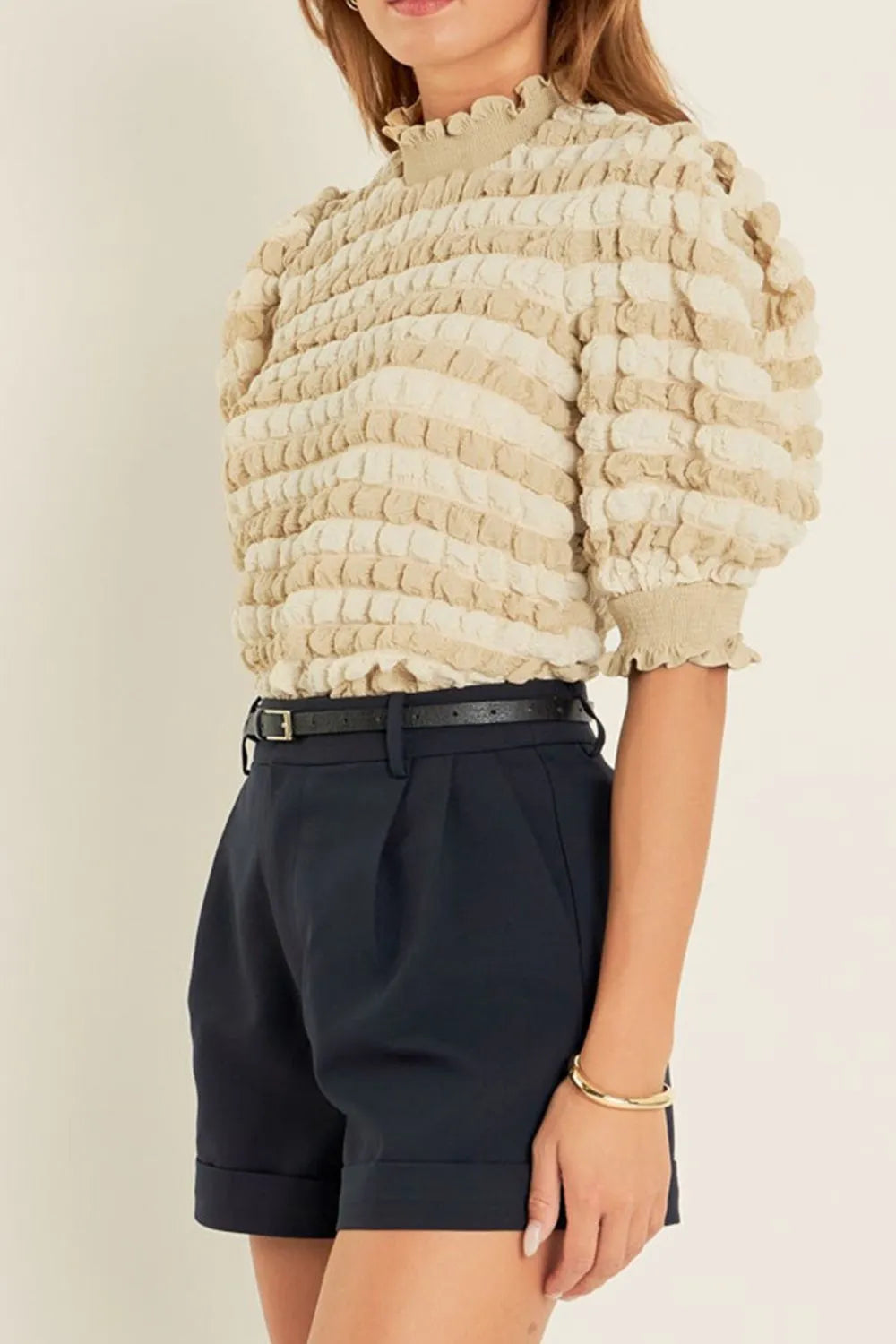 Textured Mock Neck Short Sleeve Blouse OutfitFlow