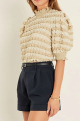 Textured Mock Neck Short Sleeve Blouse OutfitFlow