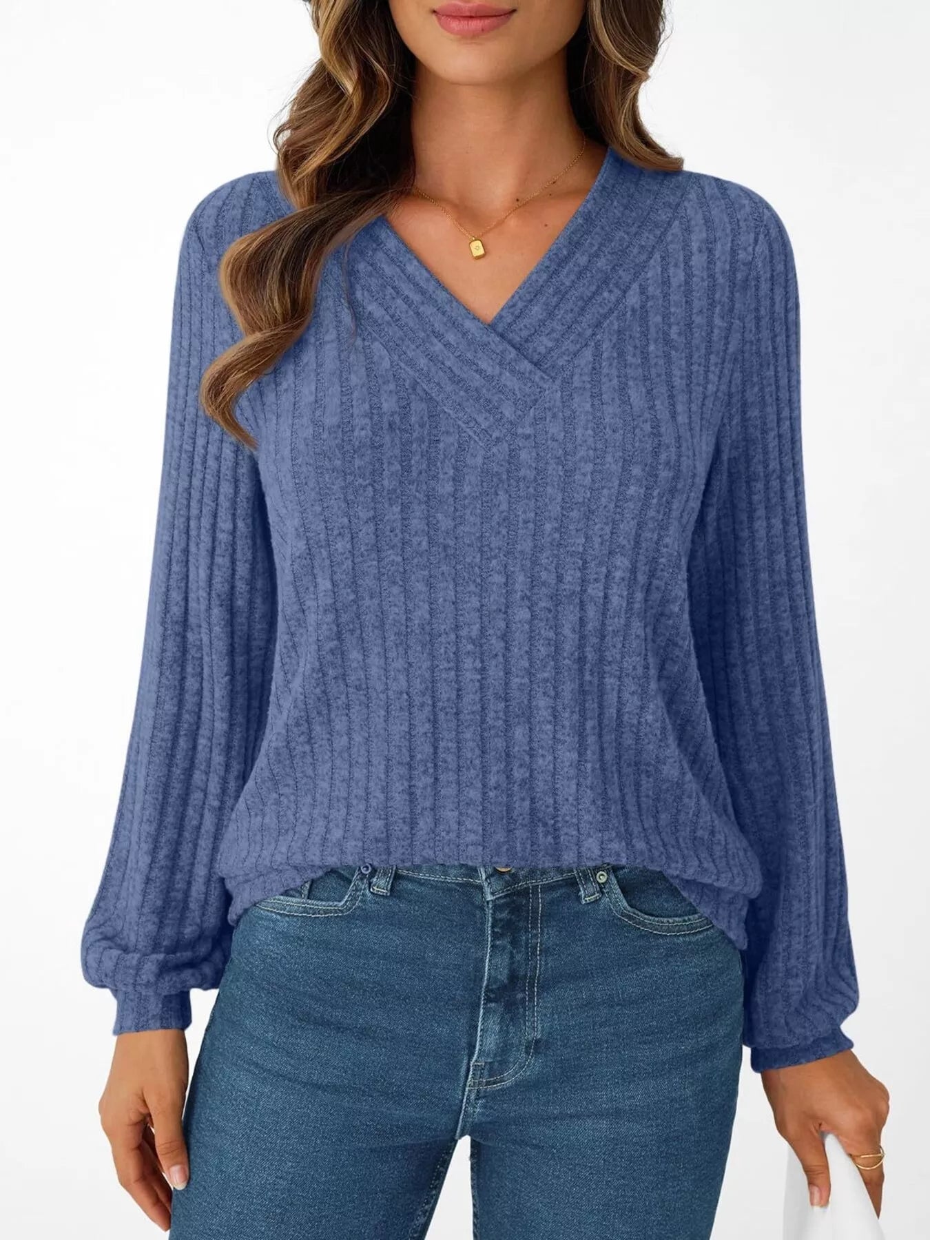 Ribbed Knit V-Neck Long Sleeve T-Shirt OutfitFlow
