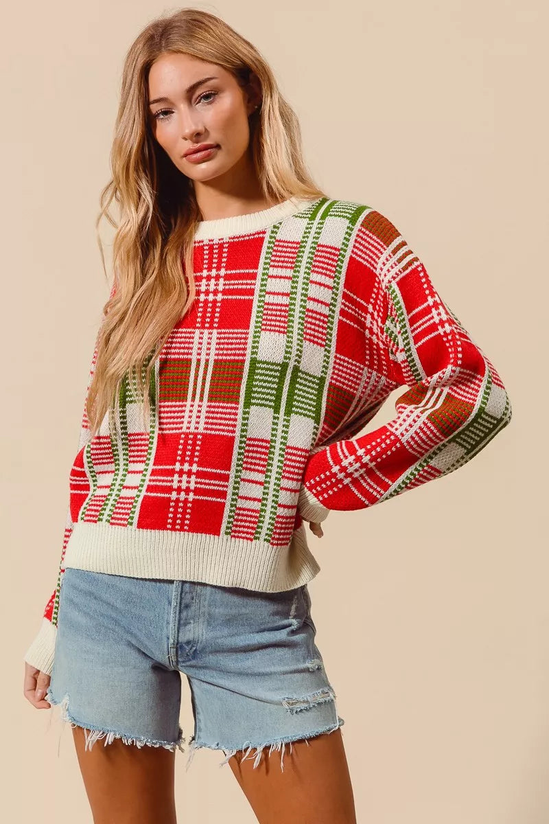 SO ME Christmas Color Checkered Plaid Crew Neck Sweater Trendsi