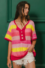 BiBi Multi Color Stripe Hacci Button Detail Ringer Top OutfitFlow