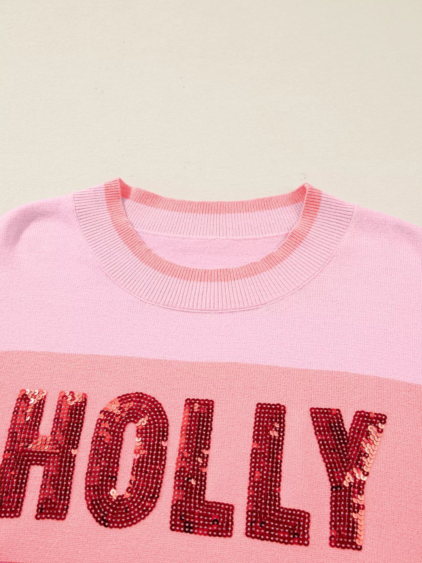 Sequined HOLLY JOLLY Color Block Crew Neck Sweater OutfitFlow