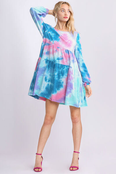 Umgee Full Size Tie Dye Round Neck Long Sleeve Babydoll Tiered Dress Plus Size OutfitFlow