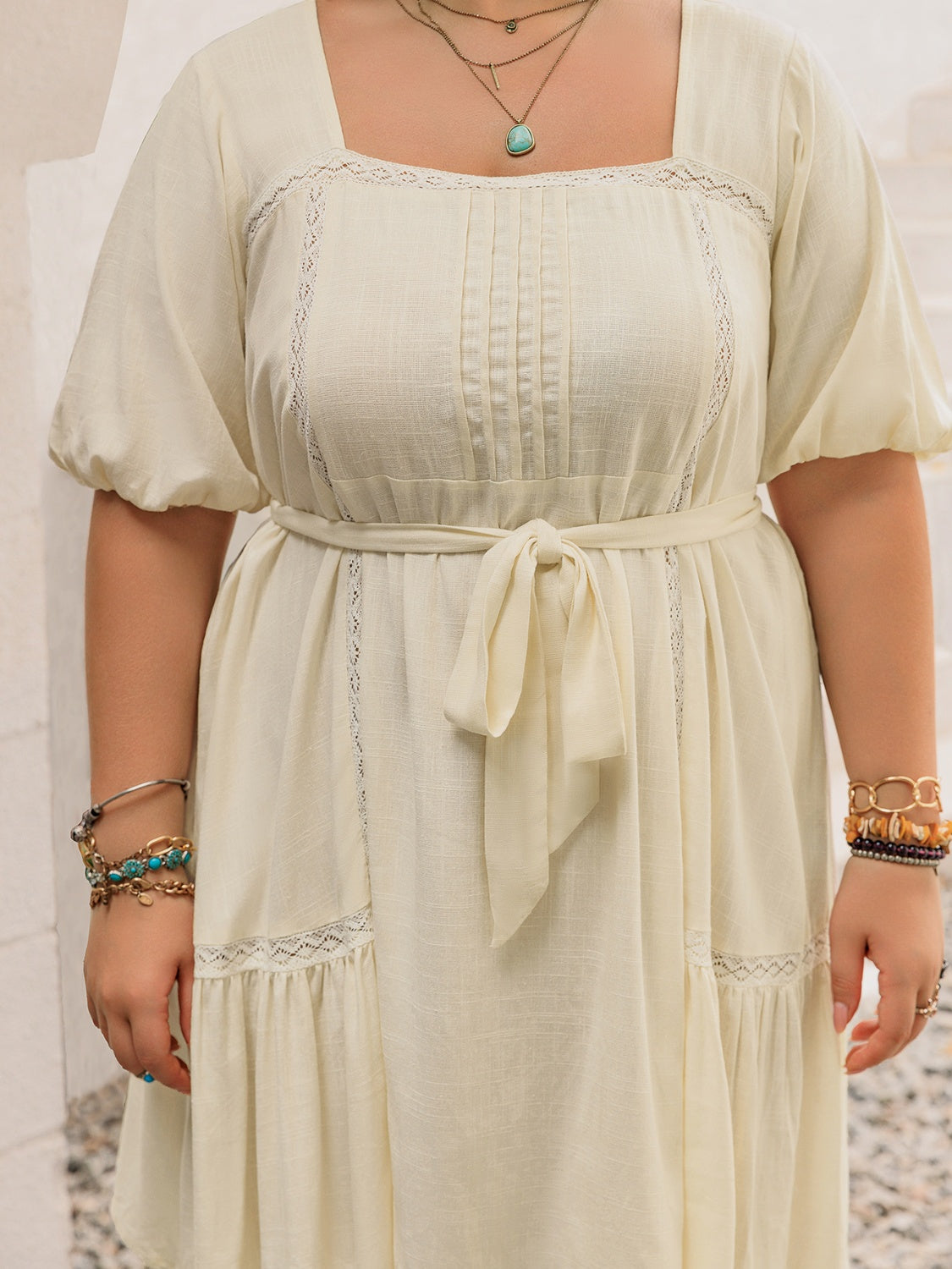 Plus Size Lace Detail Square Neck Puff Sleeve Mini Dress OutfitFlow