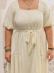 Plus Size Lace Detail Square Neck Puff Sleeve Mini Dress OutfitFlow