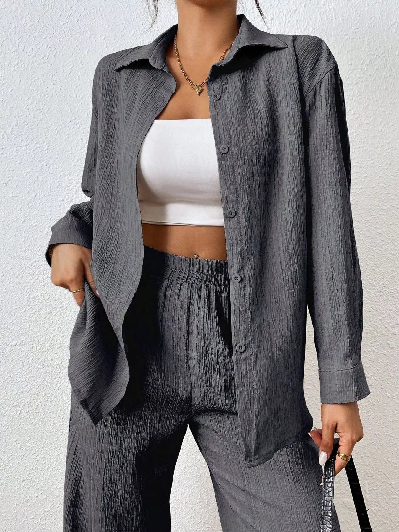 Button Up Long Sleeve Shirt and Pants Set OutfitFlow