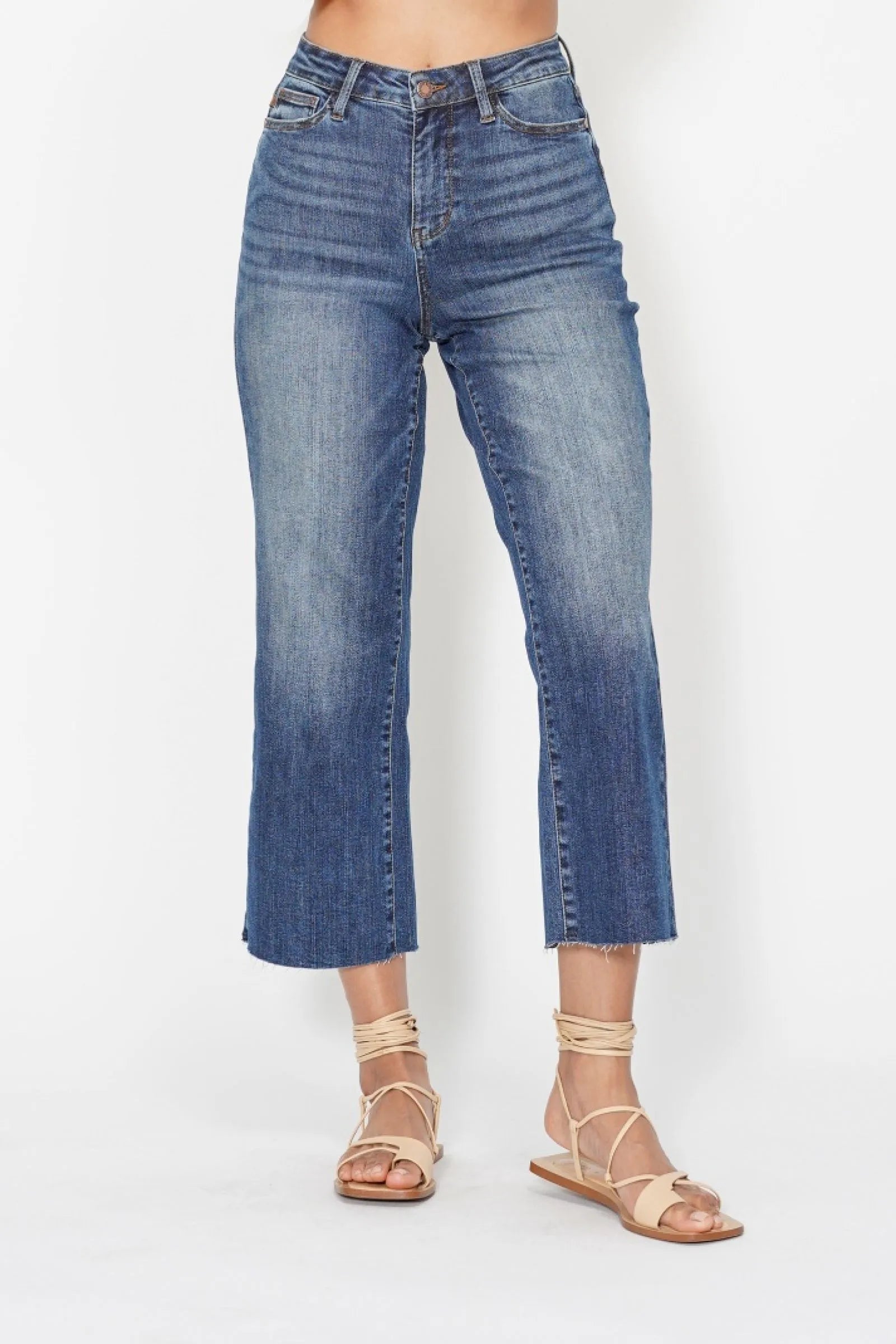 Judy Blue High Waist Back Pocket Embroidery Crop Wide Jeans Dark OutfitFlow