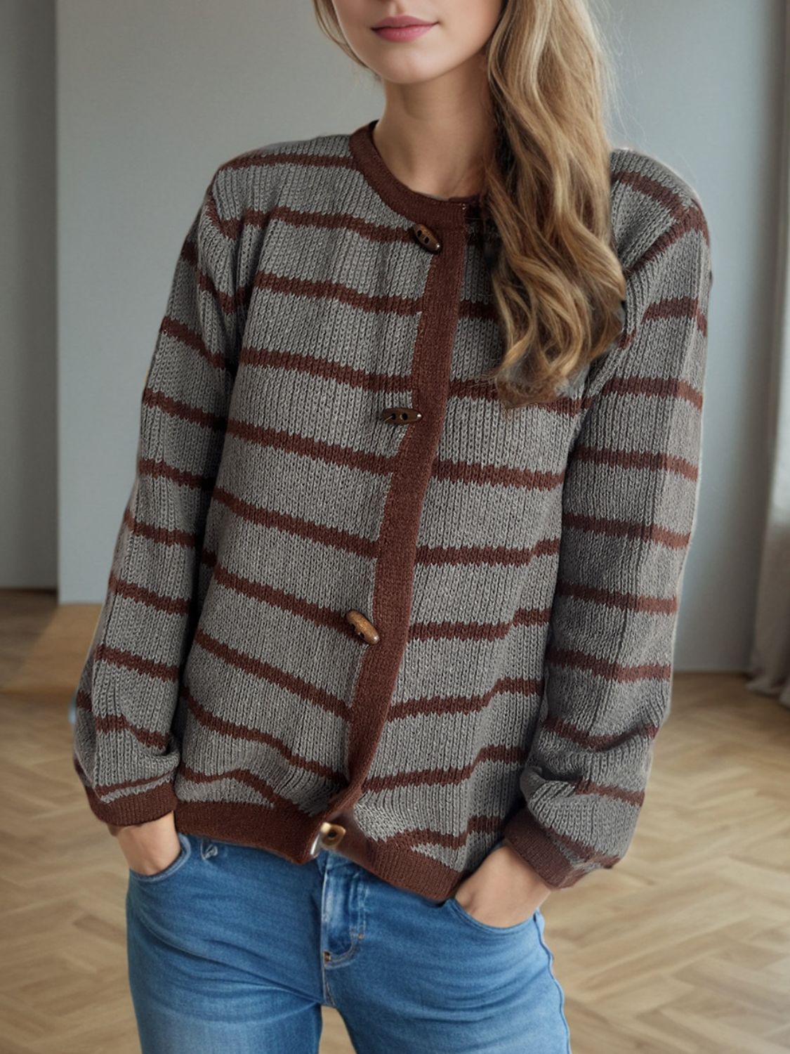 Outfit Flow - Striped Round Neck Long Sleeve Cardigan