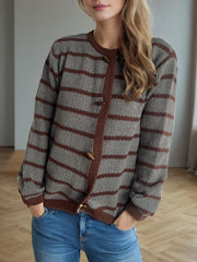 Outfit Flow - Striped Round Neck Long Sleeve Cardigan