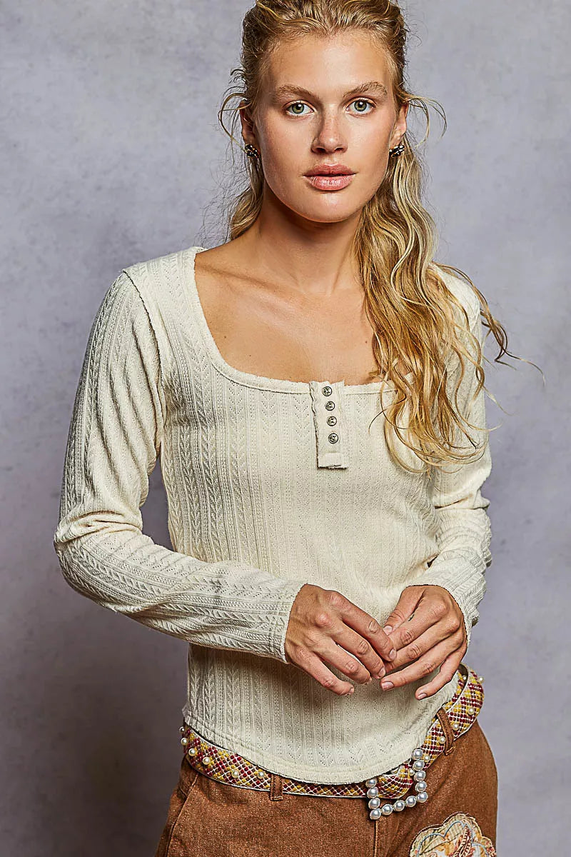 POL Square Neck Cropped Knit Top with Curved Hem OutfitFlow