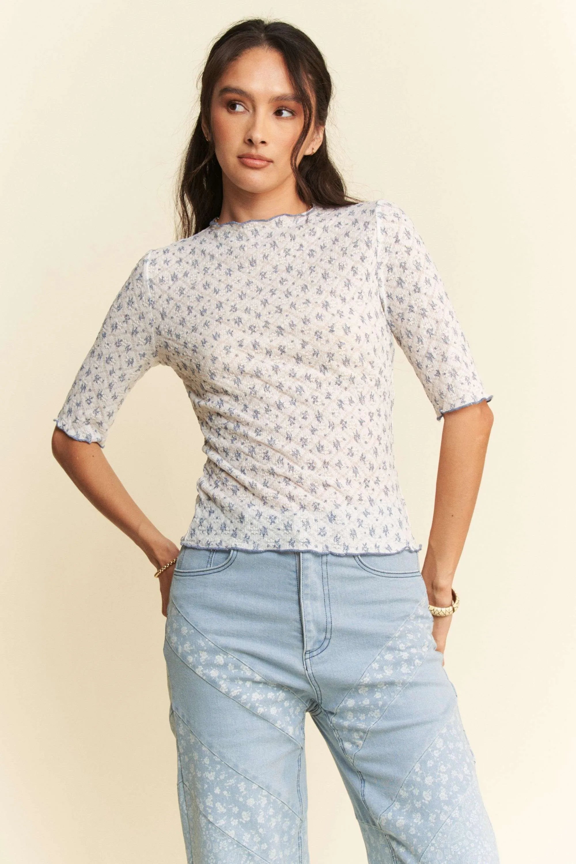 Davi & Dani Lace Stretch Floral Marrow Edge Half Sleeve Top OutfitFlow