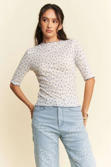 Davi & Dani Lace Stretch Floral Marrow Edge Half Sleeve Top OutfitFlow