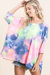 BiBi Tie Dye Print Low Gauge Knit Top BLUE N.YELLOW OutfitFlow