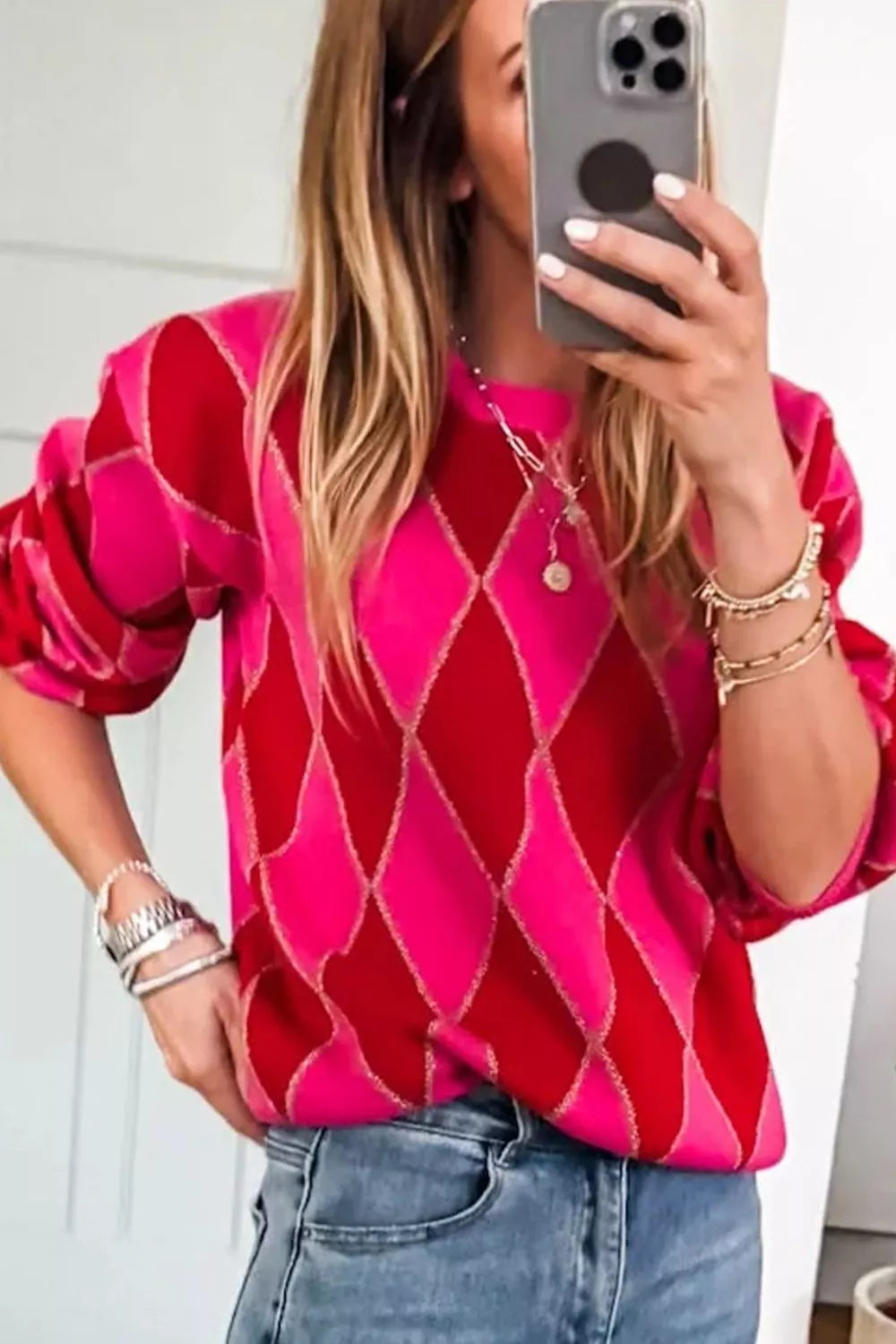 Argyle Pattern Long Sleeve Sweater OutfitFlow